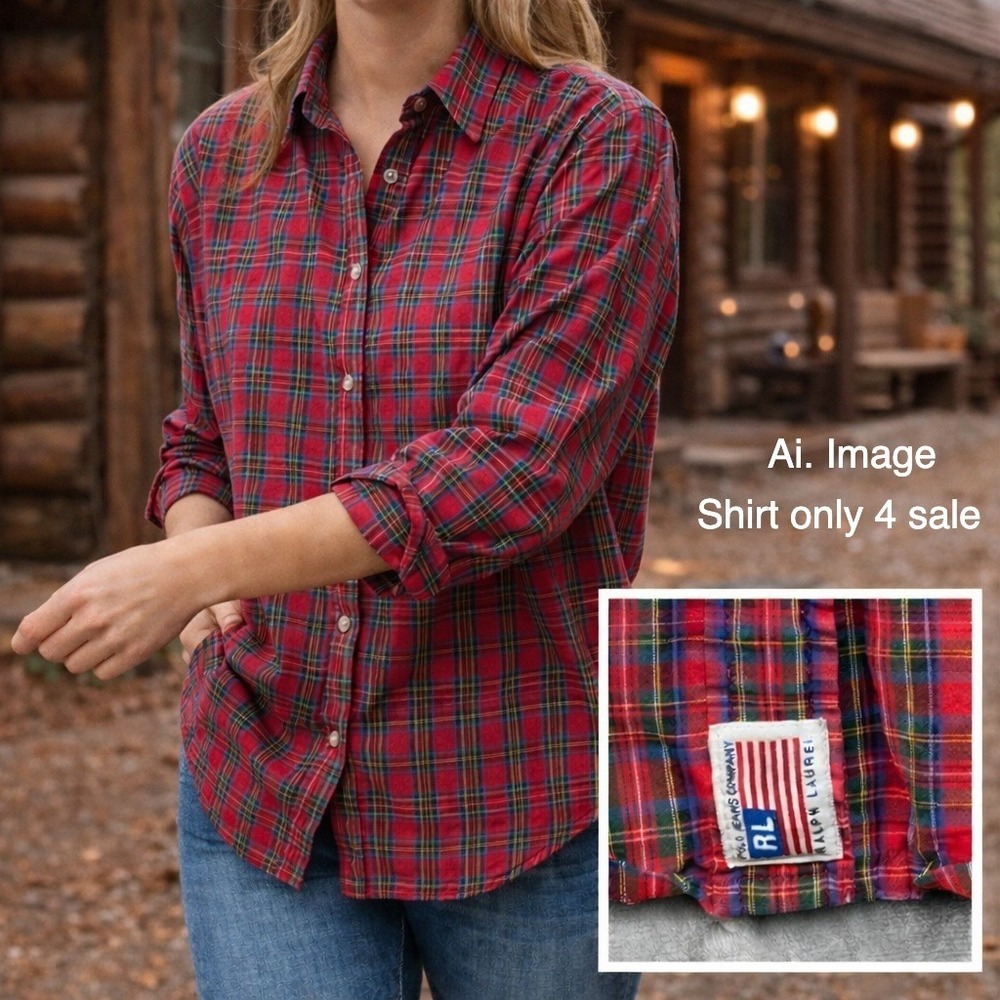 Polo Jeans Plaid Shirt Red Green Tartan Shirt Women L Vtg. Preppy Grunge Y2K Era